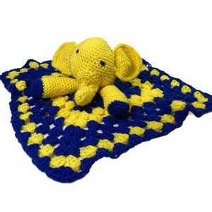 Vtg Handmade Crochet Elephant Lovey Security Blanket Baby Child Toy Blue Yellow